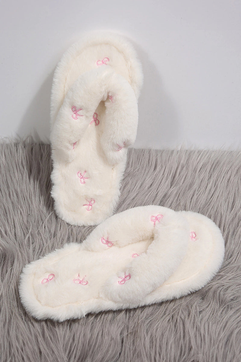 Load image into Gallery viewer, DLLSHOE 181 - White Faux Fur Tiny Bow Detail Flip Flop Slippers
