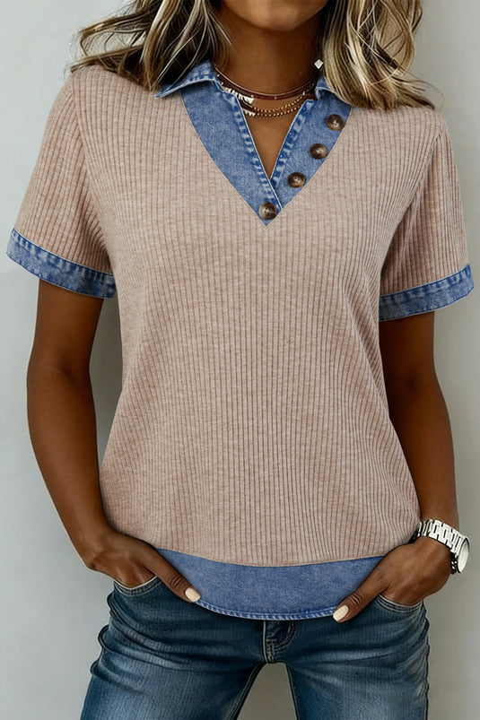 DLLS742 - Ladies Beige Ribbed Knit Denim Color Patchwork Button Detail Collared Blouse