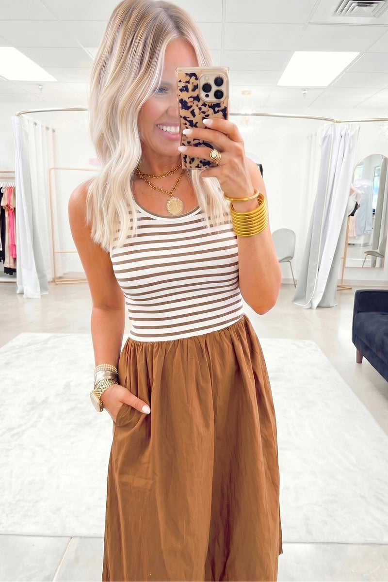 Load image into Gallery viewer, DLLS733 - Ladies Chestnut Striped Colorblock Patchwork Sleeveless Casual Long Dress
