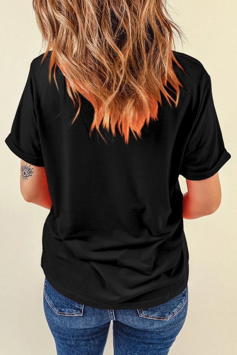 Load image into Gallery viewer, DLLS747 - Ladies Black Western Cow Print Round Neck Casual Tee
