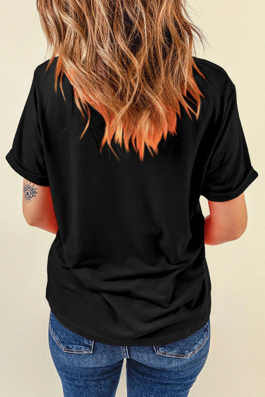 DLLS747 - Ladies Black Western Cow Print Round Neck Casual Tee
