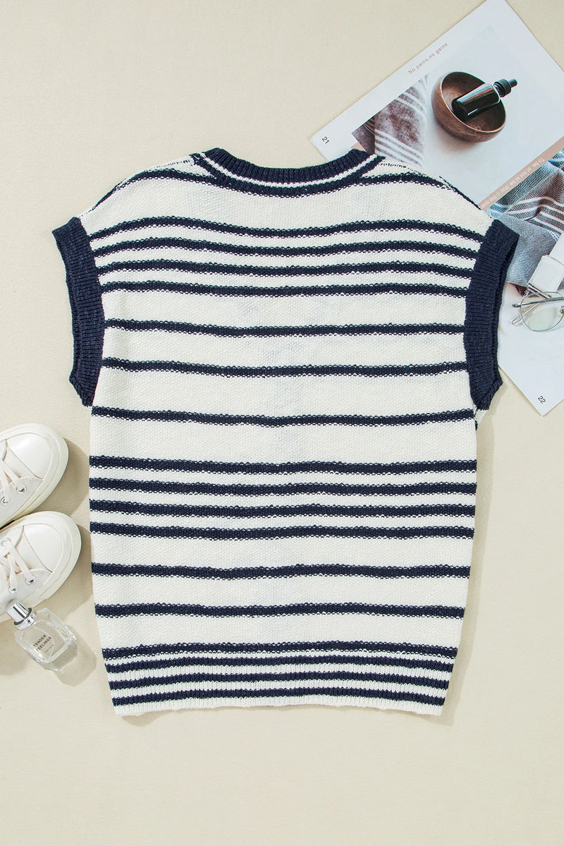 Load image into Gallery viewer, DLLS740 - Ladies Blue Stripe Loose Buttoned V Neck Sweater Vest
