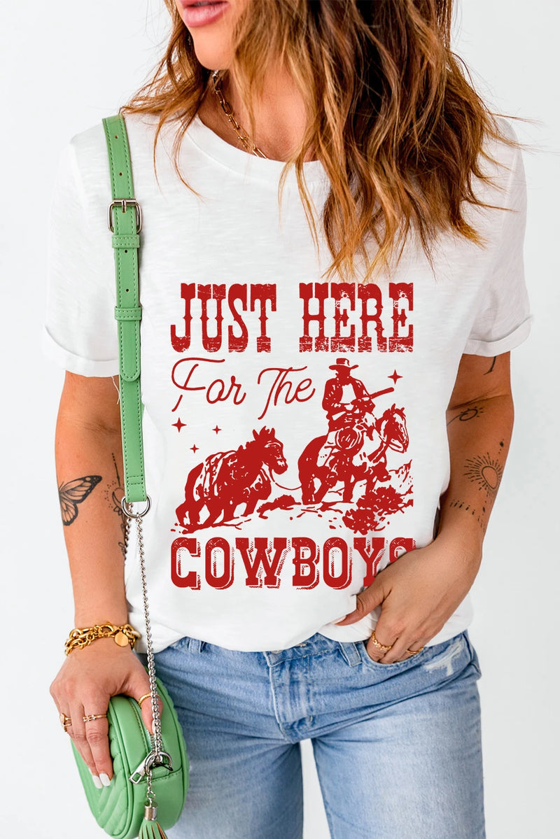 Load image into Gallery viewer, DLLS759 - Ladies White JUST HERE For THE COWBOY Cuffed Sleeve Crew Neck T Shirt
