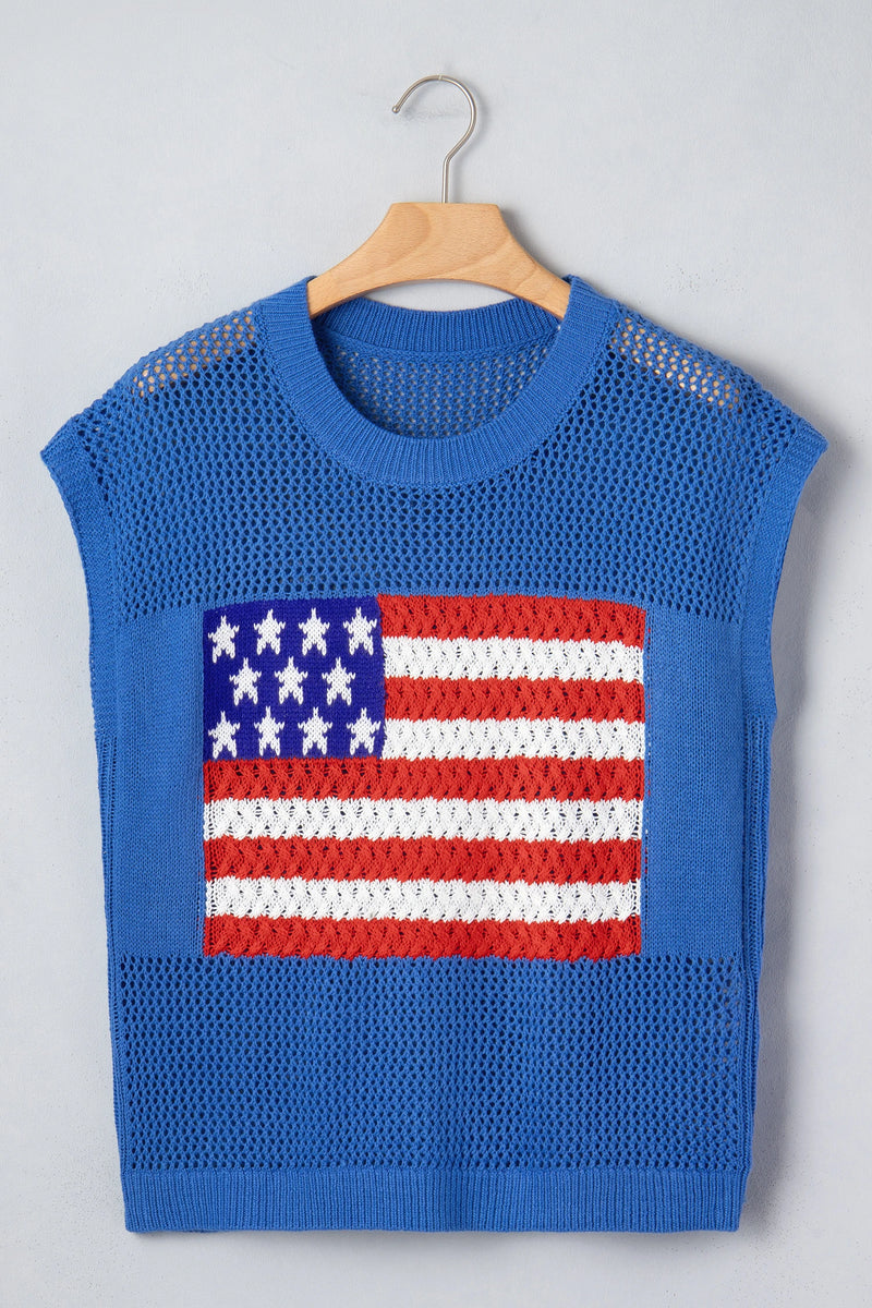 Load image into Gallery viewer, DLLS525 - Ladies Sky Blue Flag Graphic Short Sleeve Sweater Top
