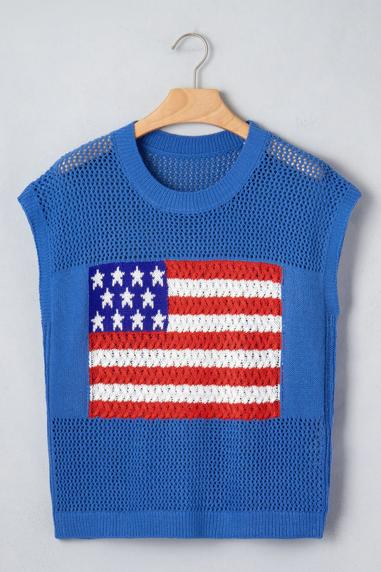 DLLS525 - Ladies Sky Blue Flag Graphic Short Sleeve Sweater Top