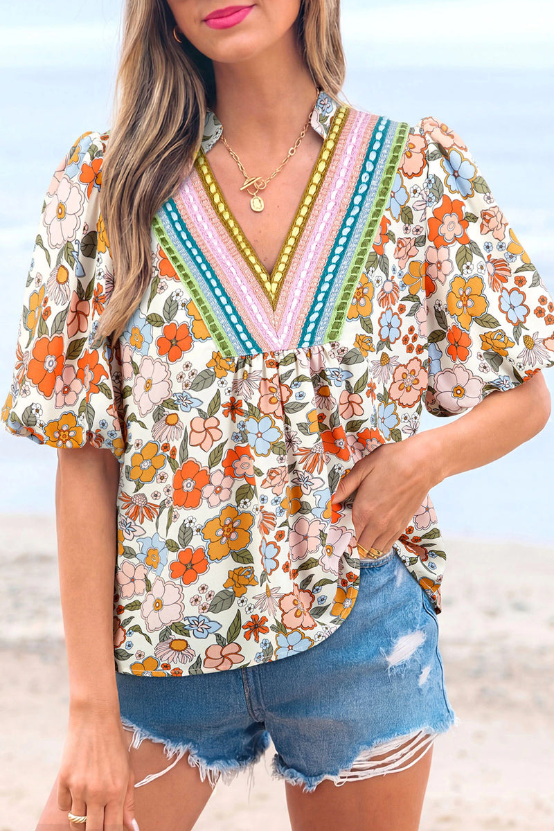 Load image into Gallery viewer, DLLS939 - Ladies Multicolour Crochet V Neckline Puff Sleeve Boho Flower Blouse
