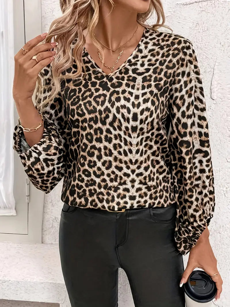 Load image into Gallery viewer, TMTSHT138 - Ladies Leopard Print V Neck Shirt

