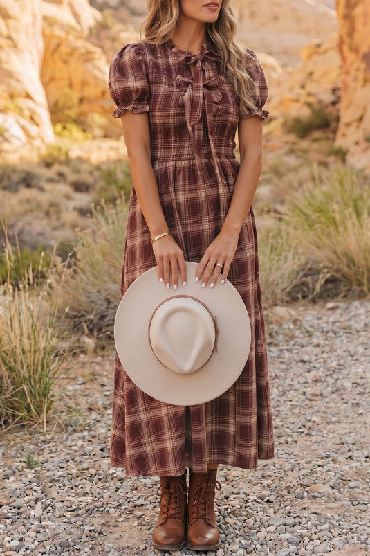 DLLS666 - Ladies Red Vintage Plaid Midi Dress with Puff Sleeves and Tie Neckline for Daily Wear