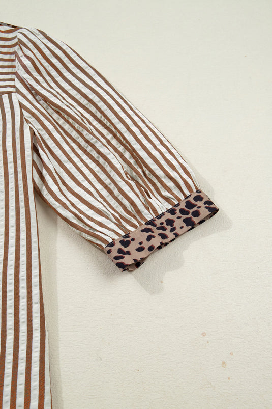 DLLS399 - Ladies Brown Stripe Leopard Trim V Neck Button Down Half Sleeve Shirt