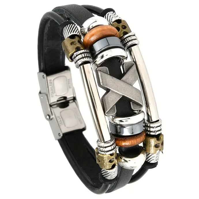 TMBC53 - Stainless Steel X Multi Layer Black Leather Bracelet