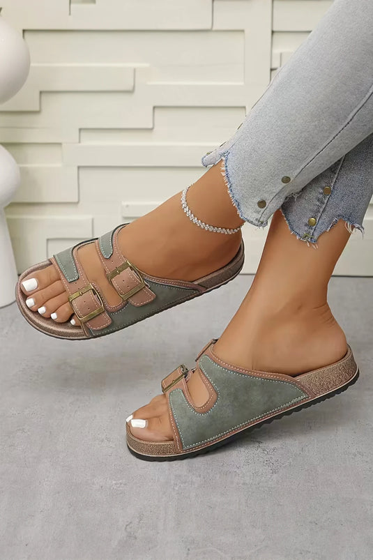 DLLSHOE 38 - Dusk Blue Embroidered Trim Retro Buckle Faux Suede Slippers