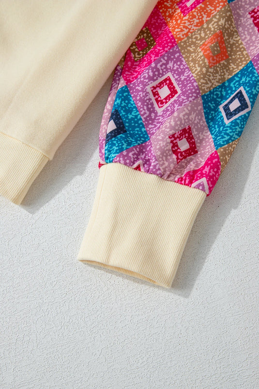 DLLS144 - Ladies Apricot Geometric Printed Patchwork Long Sleeve Round Neck Top