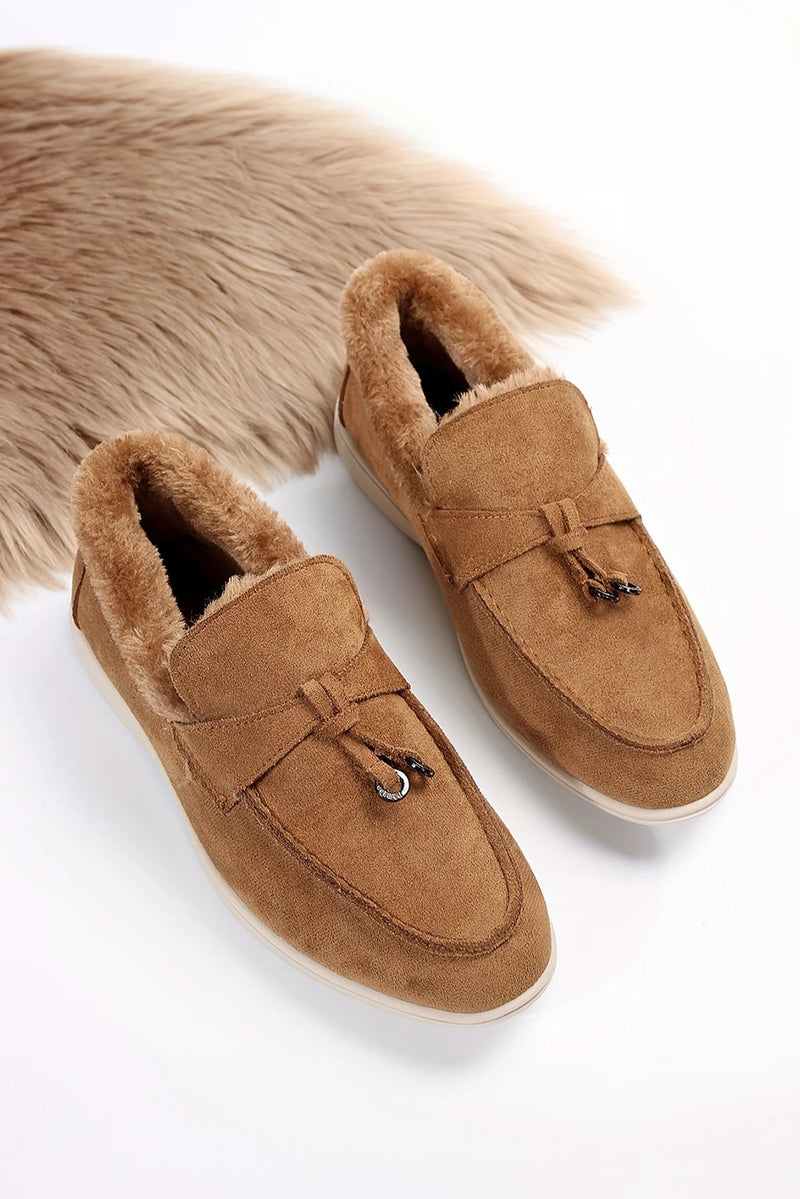Load image into Gallery viewer, DLLSHOE 203 - Chestnut Suede Furry Lined Slip on Flat Shoes
