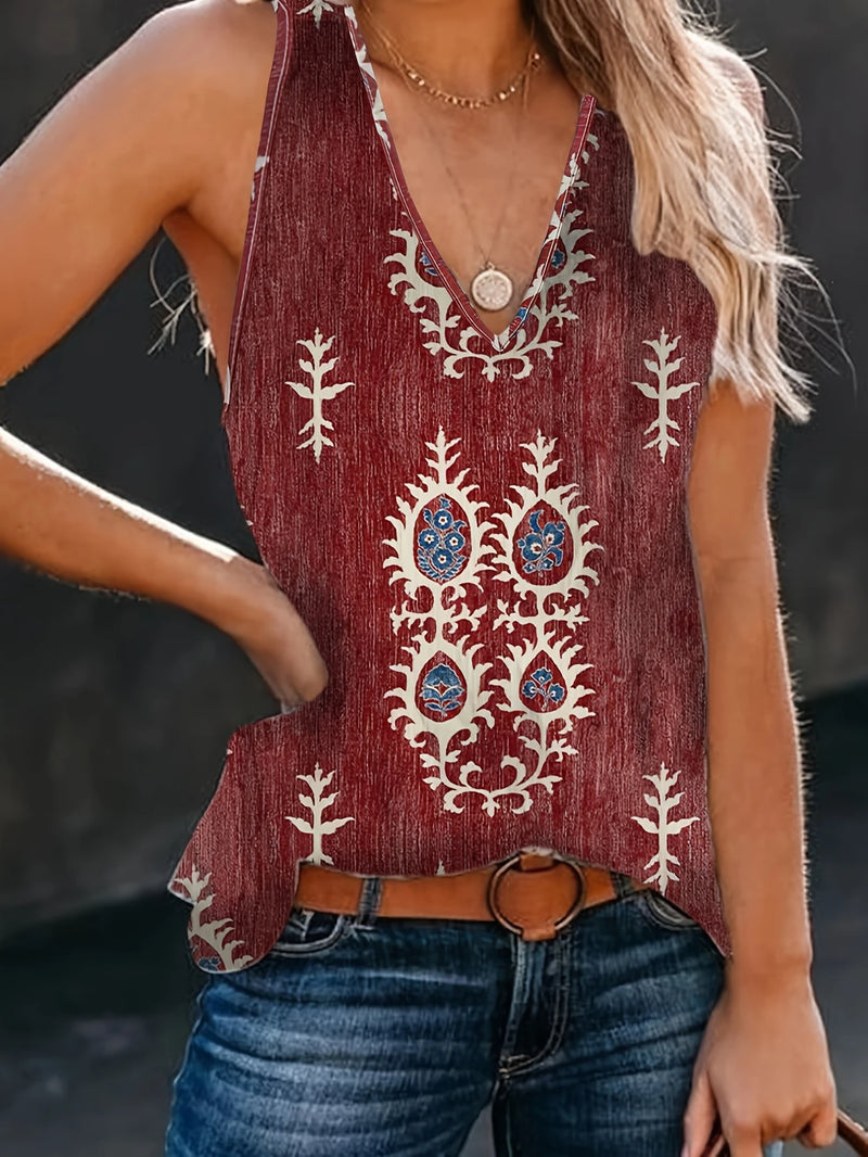 Load image into Gallery viewer, TMTSHT129 - Ladies Dark Red Boho Print Sleeveless Shirt
