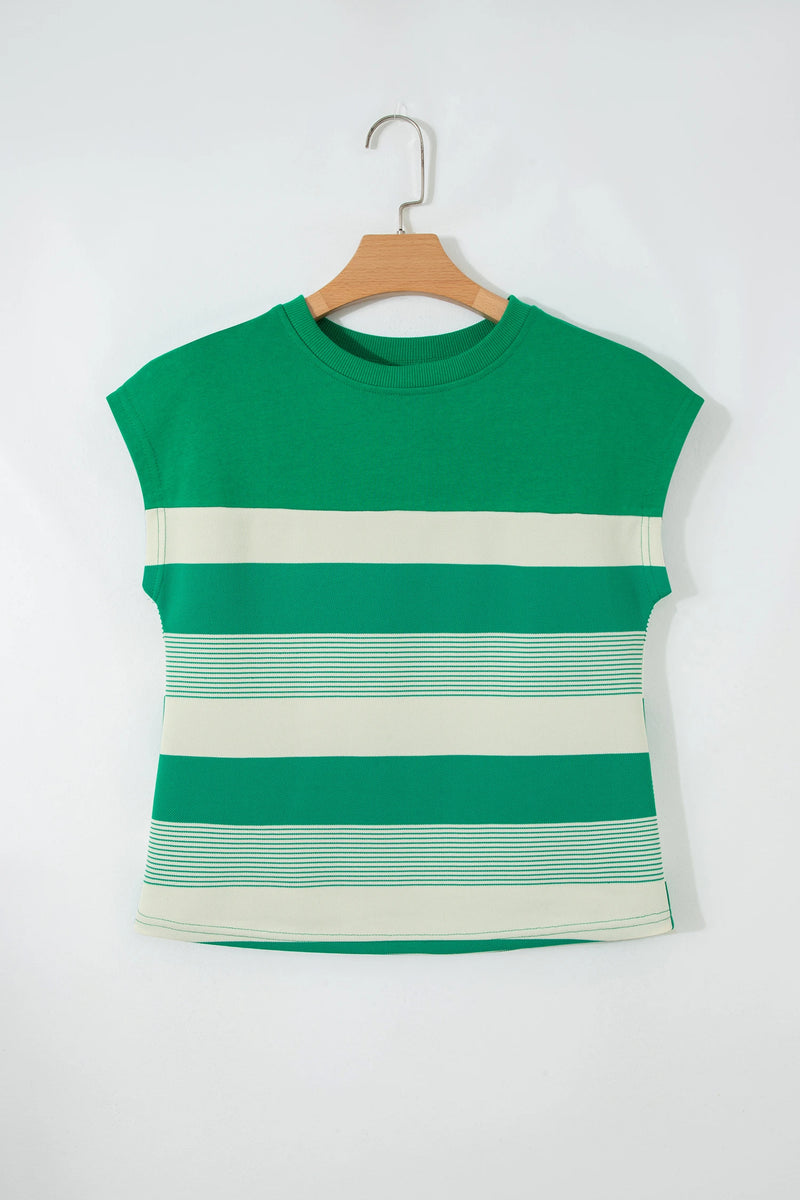 Load image into Gallery viewer, DLLS483 - Ladies Green Stripe Mixed Print Crew Neck Cap Sleeve T Shirt
