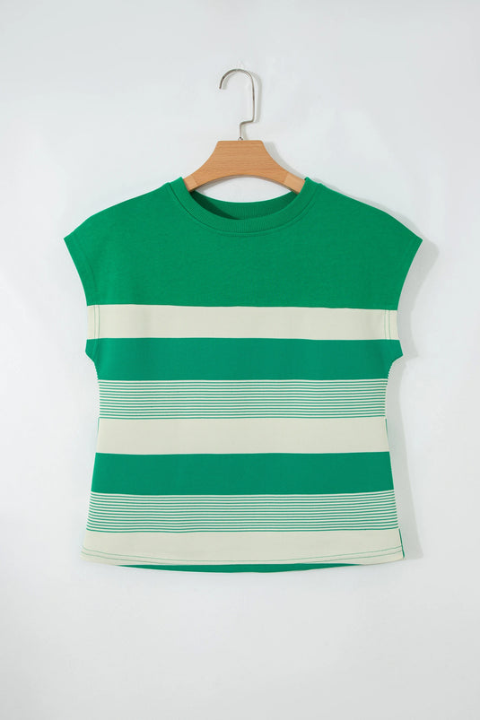 DLLS483 - Ladies Green Stripe Mixed Print Crew Neck Cap Sleeve T Shirt