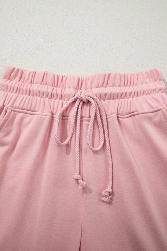 DLLS621 - Ladies Light Pink Solid Color Loose Tee Drawstring Wide Leg Pants 2pcs Outfit