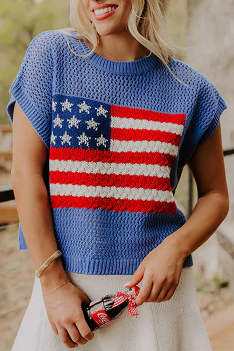 Load image into Gallery viewer, DLLS525 - Ladies Sky Blue Flag Graphic Short Sleeve Sweater Top
