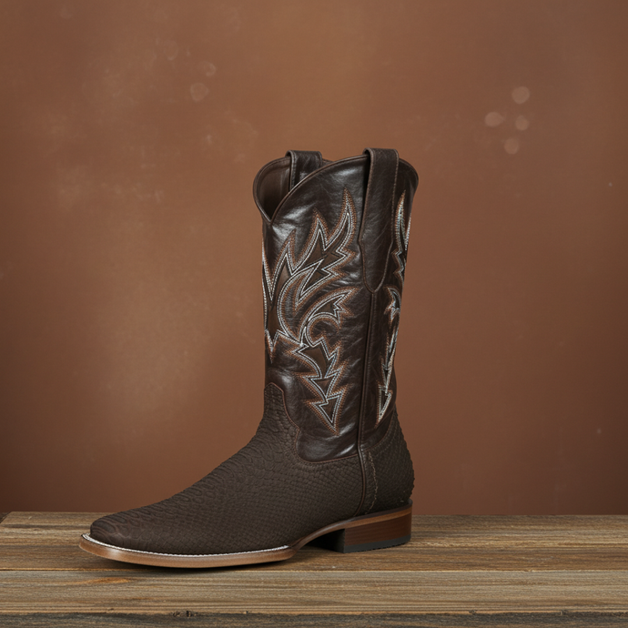8002 - RockinLeather Men's Sanded Chocolate Python Square Toe Western Boot