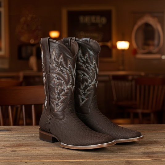 8002 - RockinLeather Men's Sanded Chocolate Python Square Toe Western Boot