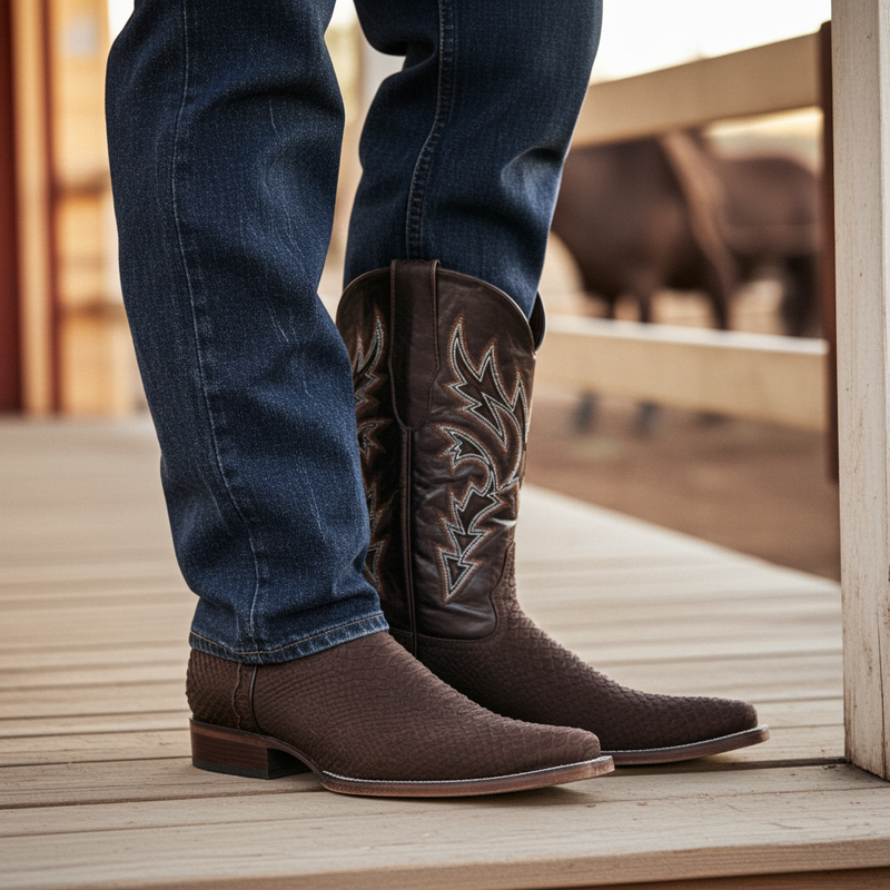 Load image into Gallery viewer, 8002 - RockinLeather Men&#39;s Sanded Chocolate Python Square Toe Western Boot
