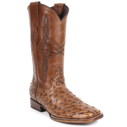 8006 - RockinLeather Men's Cognac Full Quill Ostrich Square Toe Western Boot