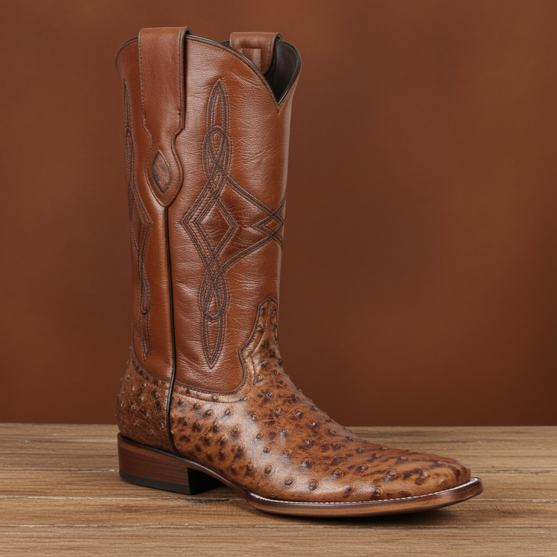 Load image into Gallery viewer, 8006 - RockinLeather Men&#39;s Cognac Full Quill Ostrich Square Toe Western Boot
