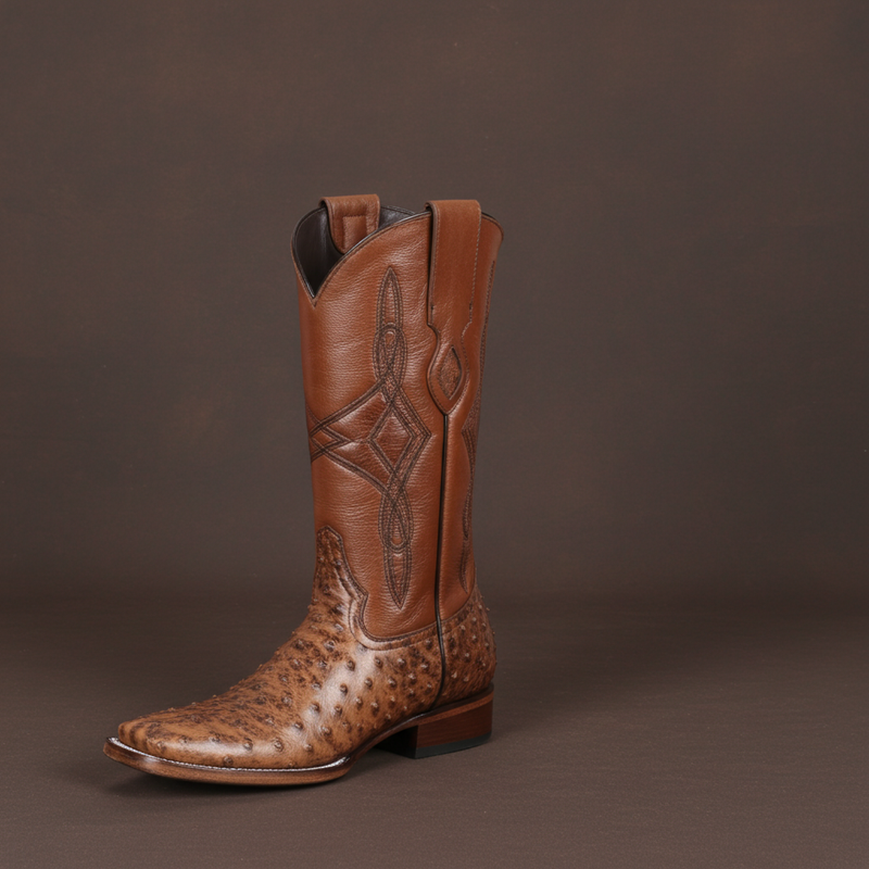 Load image into Gallery viewer, 8006 - RockinLeather Men&#39;s Cognac Full Quill Ostrich Square Toe Western Boot
