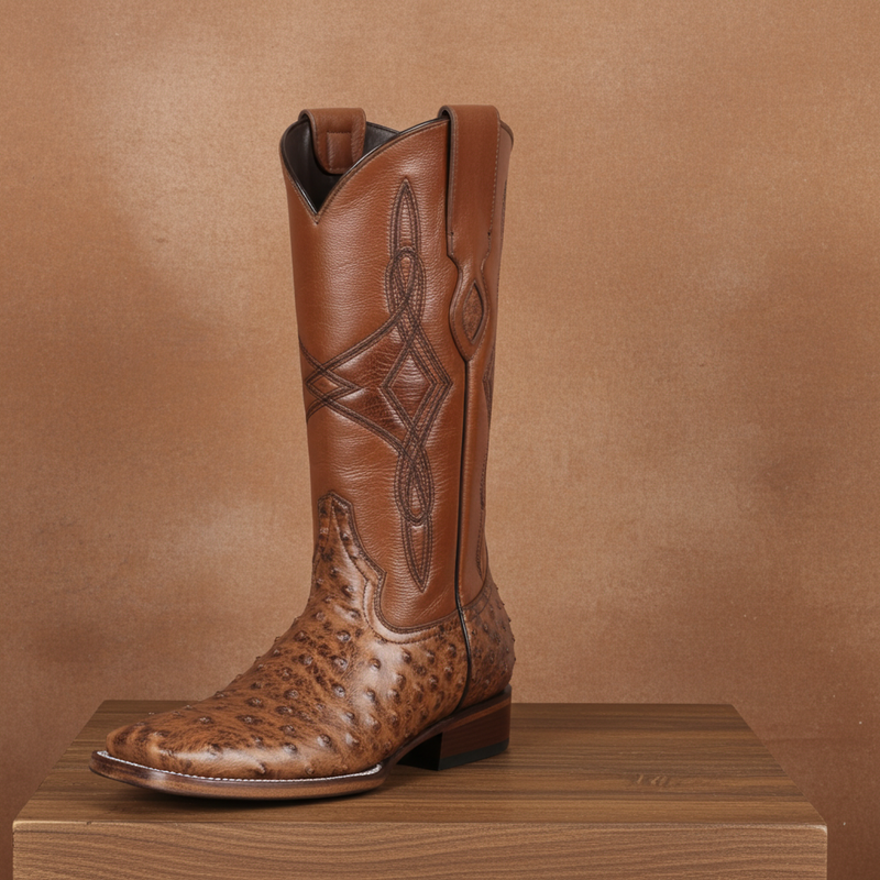Load image into Gallery viewer, 8006 - RockinLeather Men&#39;s Cognac Full Quill Ostrich Square Toe Western Boot
