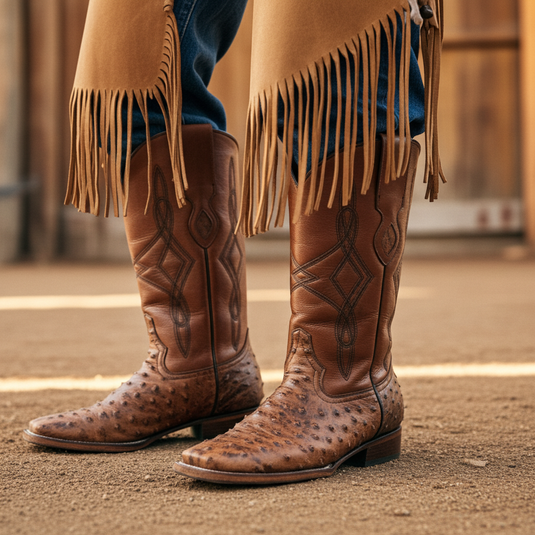 8006 - RockinLeather Men's Cognac Full Quill Ostrich Square Toe Western Boot