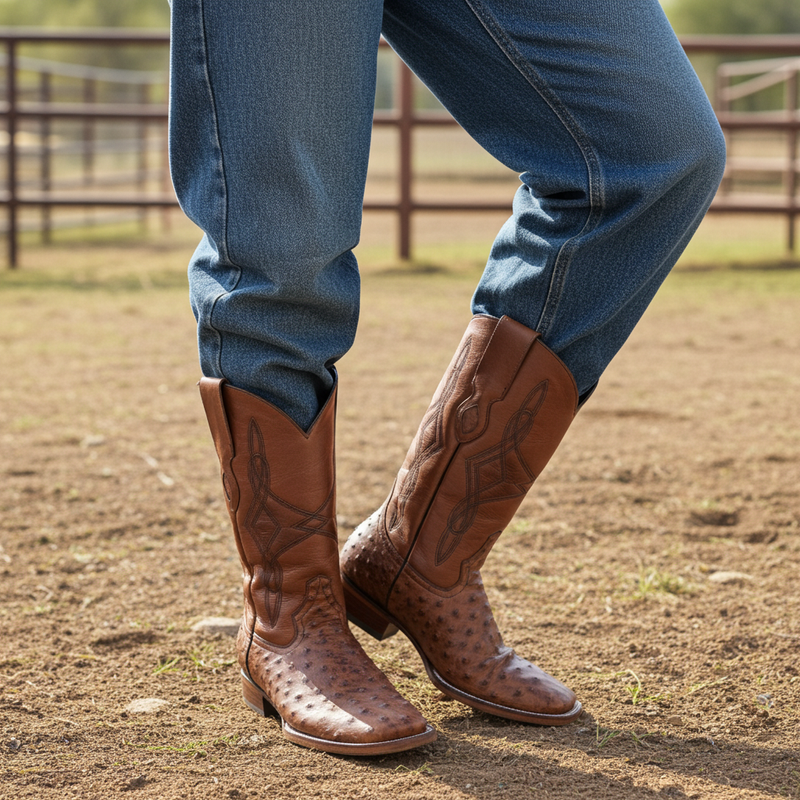 Load image into Gallery viewer, 8006 - RockinLeather Men&#39;s Cognac Full Quill Ostrich Square Toe Western Boot
