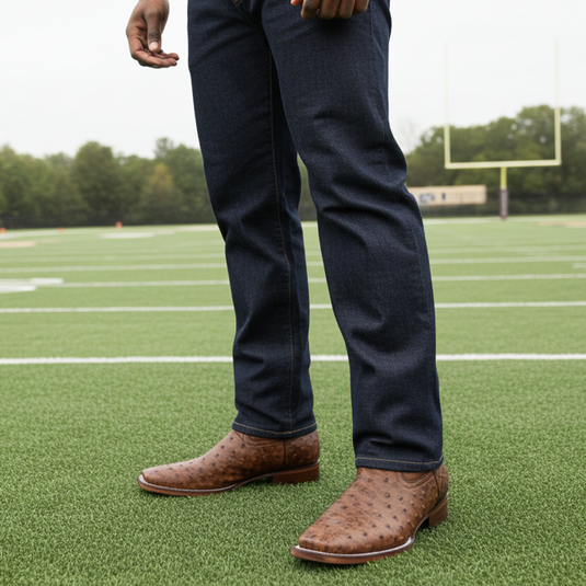 8006 - RockinLeather Men's Cognac Full Quill Ostrich Square Toe Western Boot