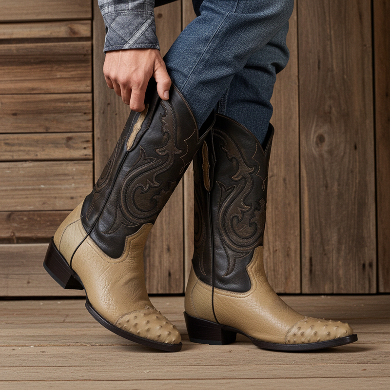 Load image into Gallery viewer, 8010 - RockinLeather Men&#39;s Orix Smooth Ostrich Pointed Toe Boot w/Full Quill Ostrich Toe
