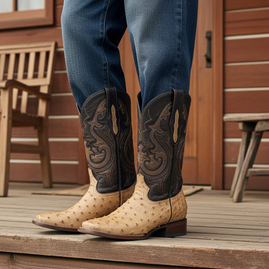 8011 - RockinLeather Men's Orix Full Quill Ostrich Square Toe Western Boot