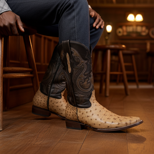 8011 - RockinLeather Men's Orix Full Quill Ostrich Square Toe Western Boot