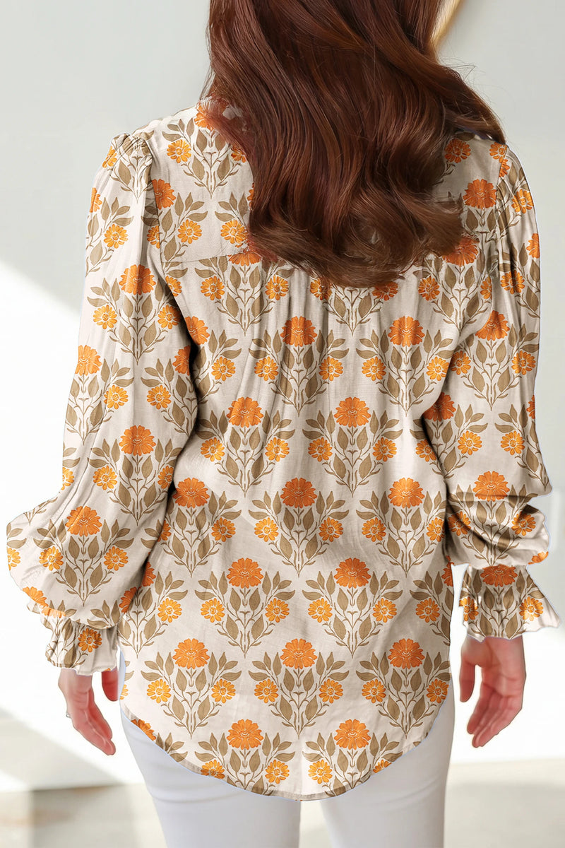 Load image into Gallery viewer, DLLS869 - Ladies Orange Floral Print V Neck Long Sleeve Top
