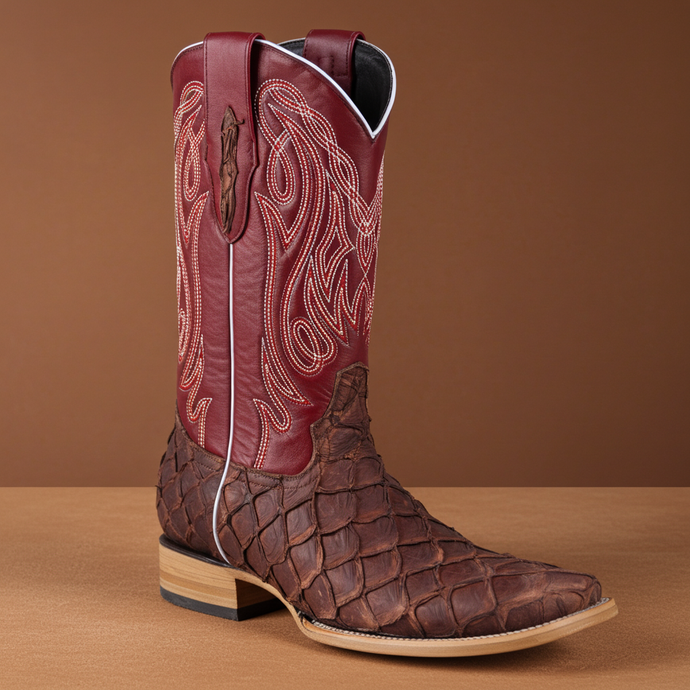 8018 - RockinLeather Men's Genuine Pirarucu Square Toe Western Boot