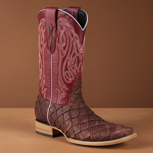 8018 - RockinLeather Men's Genuine Pirarucu Square Toe Western Boot