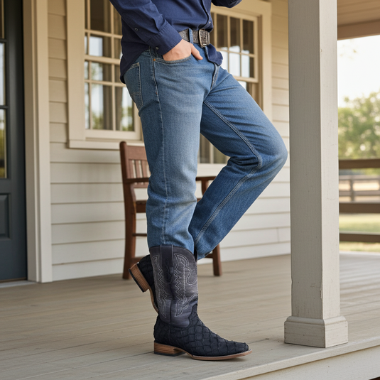 8019 - RockinLeather Men's Genuine Pirarucu Square Toe Western Boot