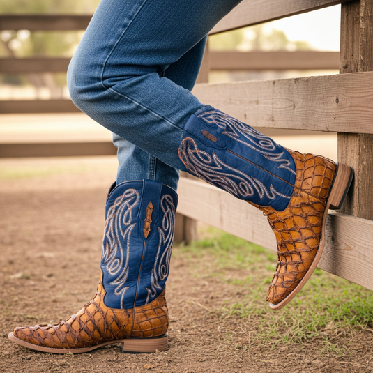 8021 - RockinLeather Men's Genuine Pirarucu Square Toe Western Boot