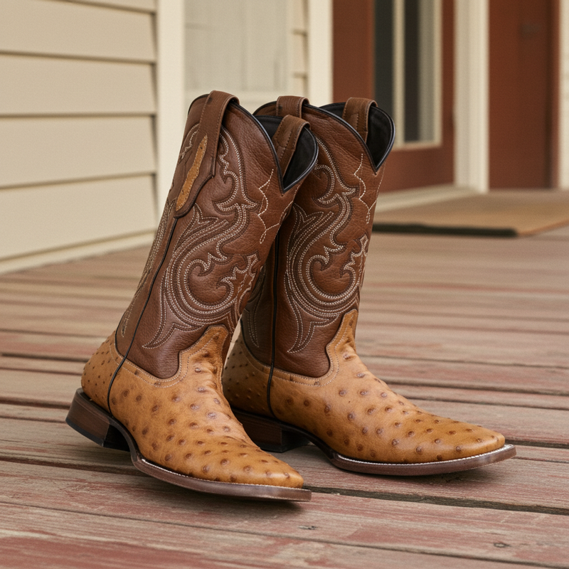 Load image into Gallery viewer, 8026 - RockinLeather Men&#39;s Honey Full Quill Ostrich Square Toe Western Boot
