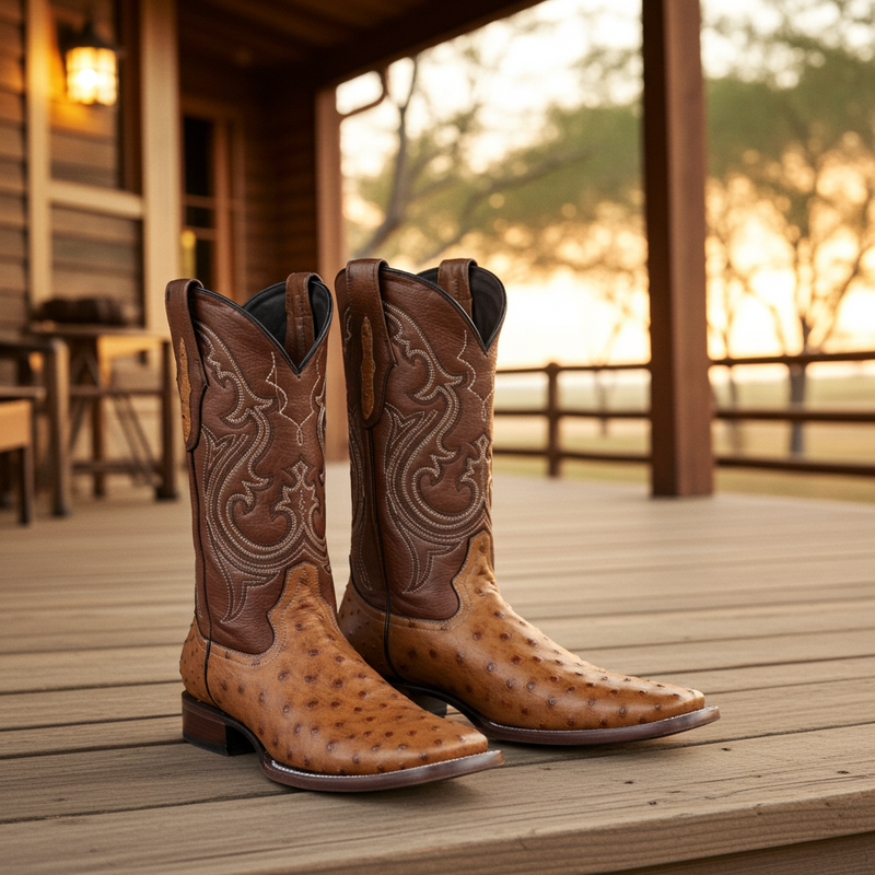 Load image into Gallery viewer, 8026 - RockinLeather Men&#39;s Honey Full Quill Ostrich Square Toe Western Boot
