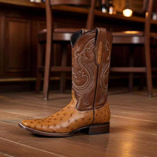 8026 - RockinLeather Men's Honey Full Quill Ostrich Square Toe Western Boot