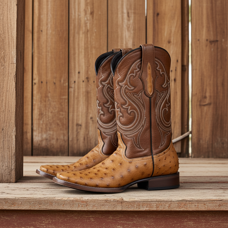 Load image into Gallery viewer, 8026 - RockinLeather Men&#39;s Honey Full Quill Ostrich Square Toe Western Boot
