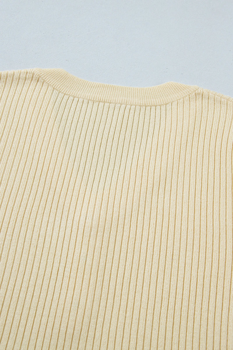 Load image into Gallery viewer, DLLS580 - Ladies Apricot V Neck Ribbed Knit Striped Trim Short Sleeve Sweater
