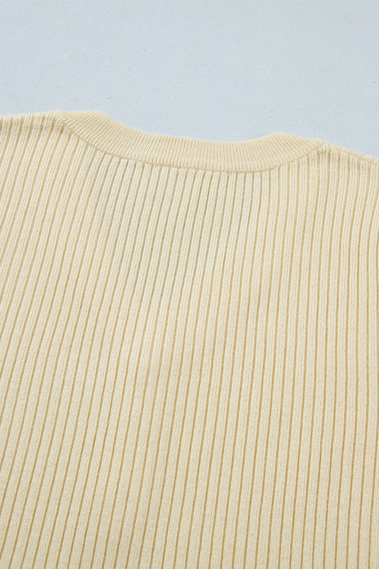 DLLS580 - Ladies Apricot V Neck Ribbed Knit Striped Trim Short Sleeve Sweater
