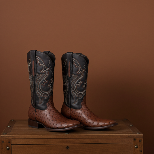 8029 - RockinLeather Men's Coffee Full Quill Ostrich Square Toe Western Boot