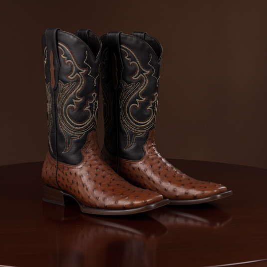 8029 - RockinLeather Men's Coffee Full Quill Ostrich Square Toe Western Boot