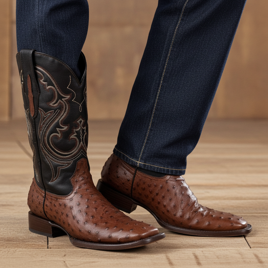 8029 - RockinLeather Men's Coffee Full Quill Ostrich Square Toe Western Boot