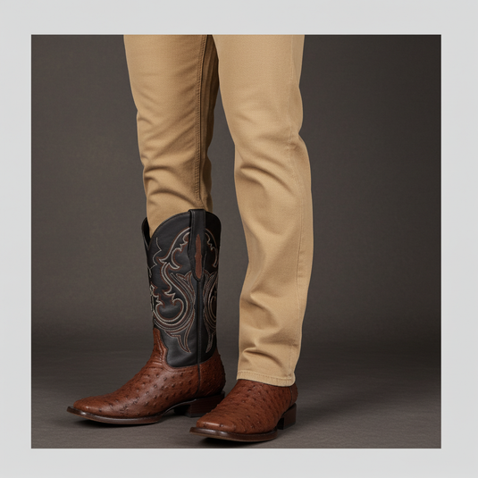 8029 - RockinLeather Men's Coffee Full Quill Ostrich Square Toe Western Boot